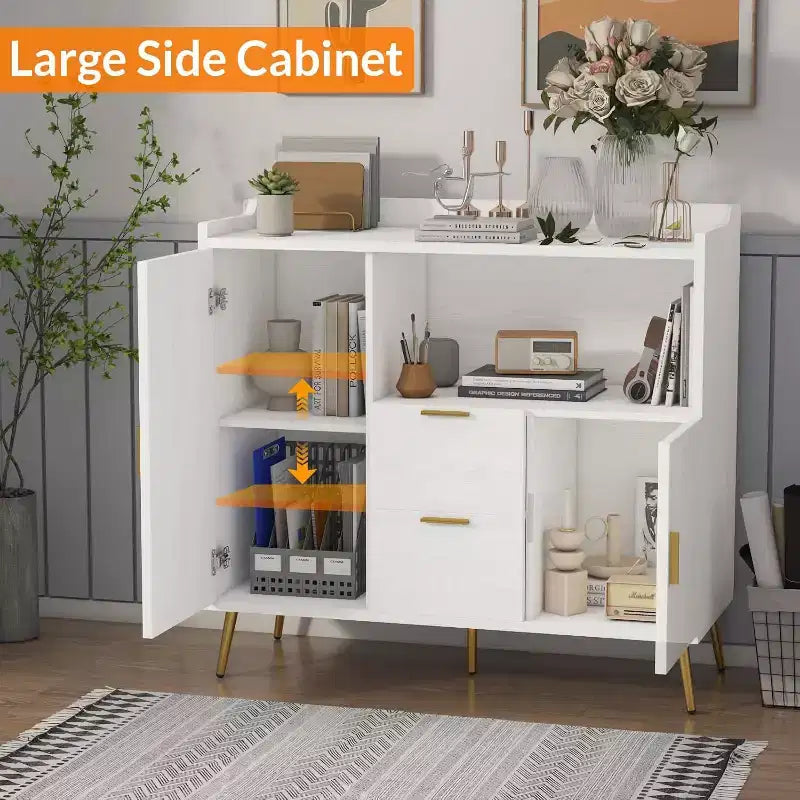 Mobile contenitore, credenza con ripiano, mobile bar con 2 cassetti, 2 ante e spazio contenitore aperto