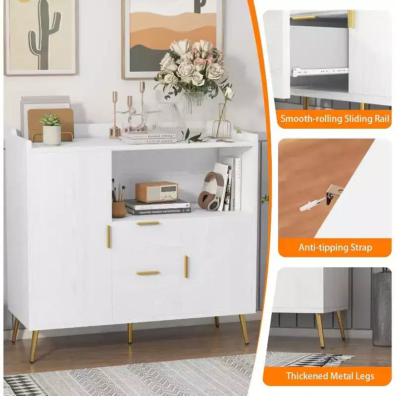 Mobile contenitore, credenza con ripiano, mobile bar con 2 cassetti, 2 ante e spazio contenitore aperto