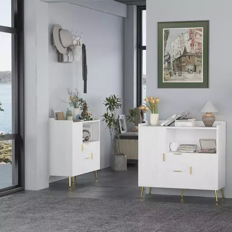 Mobile contenitore, credenza con ripiano, mobile bar con 2 cassetti, 2 ante e spazio contenitore aperto