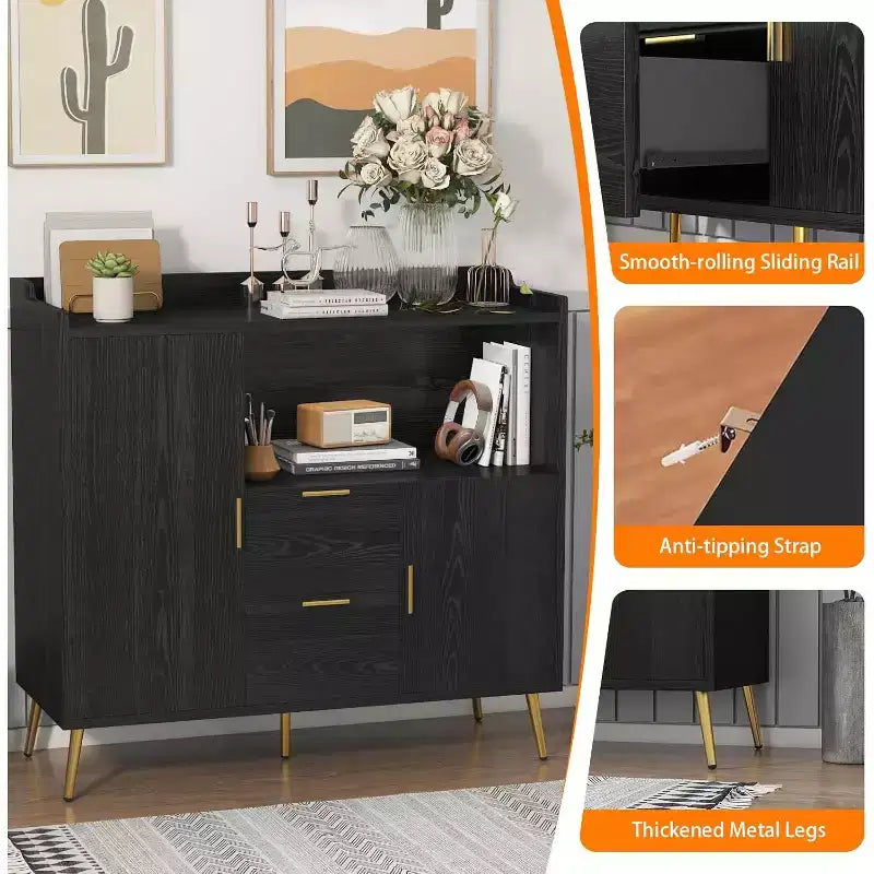 Mobile contenitore, credenza con ripiano, mobile bar con 2 cassetti, 2 ante e spazio contenitore aperto