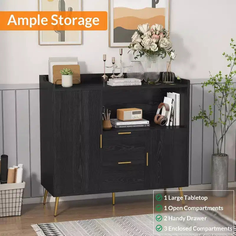 Mobile contenitore, credenza con ripiano, mobile bar con 2 cassetti, 2 ante e spazio contenitore aperto