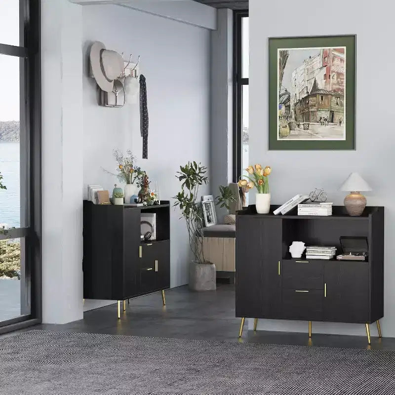 Mobile contenitore, credenza con ripiano, mobile bar con 2 cassetti, 2 ante e spazio contenitore aperto