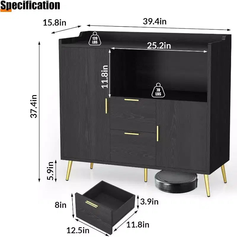 Mobile contenitore, credenza con ripiano, mobile bar con 2 cassetti, 2 ante e spazio contenitore aperto
