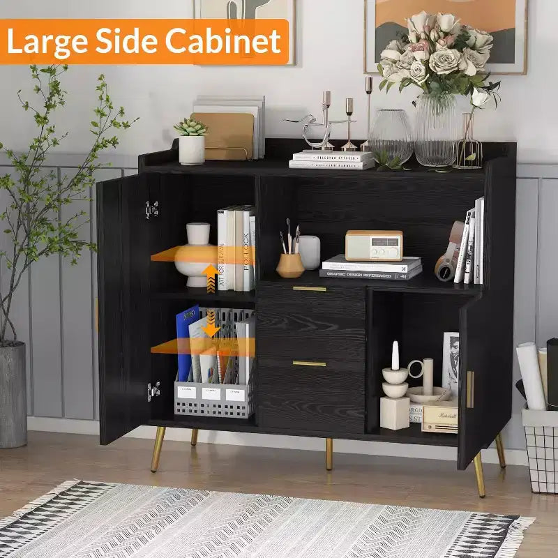 Mobile contenitore, credenza con ripiano, mobile bar con 2 cassetti, 2 ante e spazio contenitore aperto
