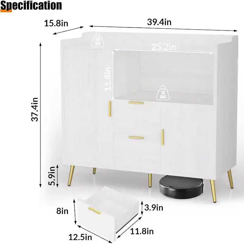 Mobile contenitore, credenza con ripiano, mobile bar con 2 cassetti, 2 ante e spazio contenitore aperto