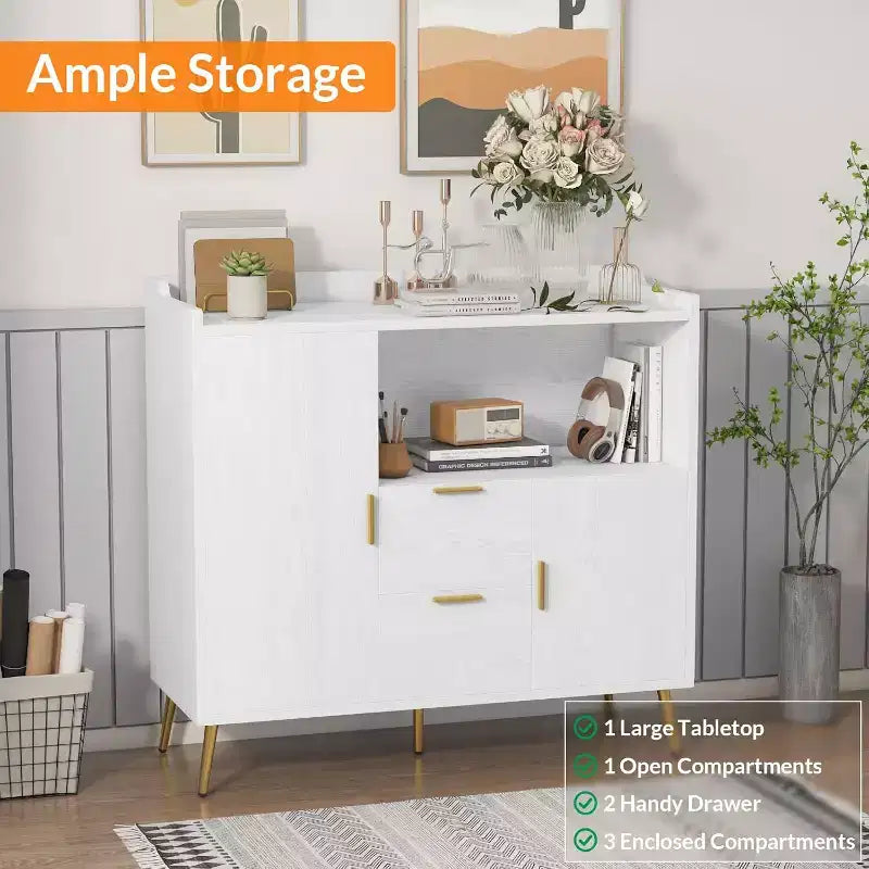 Mobile contenitore, credenza con ripiano, mobile bar con 2 cassetti, 2 ante e spazio contenitore aperto
