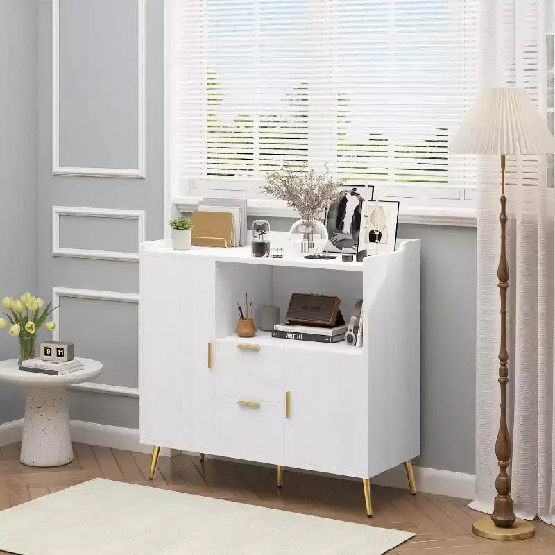 Mobile contenitore, credenza con ripiano, mobile bar con 2 cassetti, 2 ante e spazio contenitore aperto
