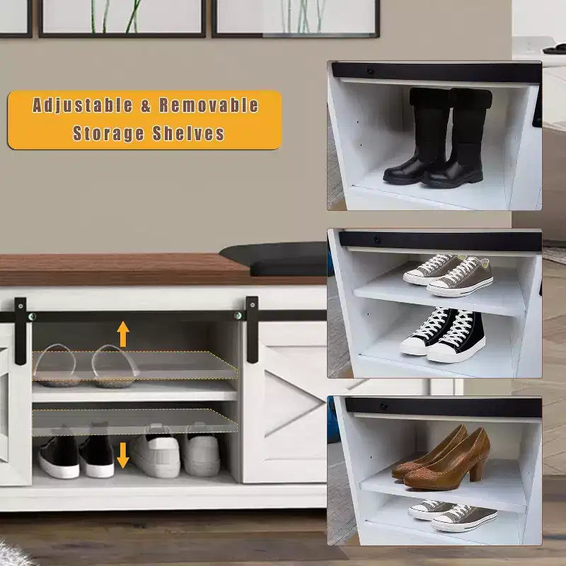 Banco zapatero blanco de 47 con puertas corredizas y cojín, banco de almacenamiento para entrada estilo granja con compartimento oculto y estantes ajustables
