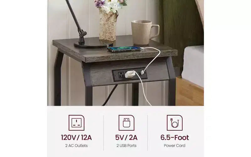 Zestaw 2 stolików pomocniczych ze stacją ładowania, stoliki boczne z portami USB i gniazdkami, małe półki do przechowywania do salonu i sypialni