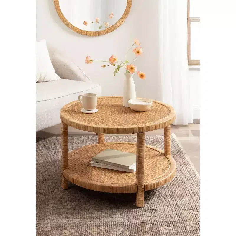 Tavolino rotondo da caffè in rattan, 28x28x18, naturale