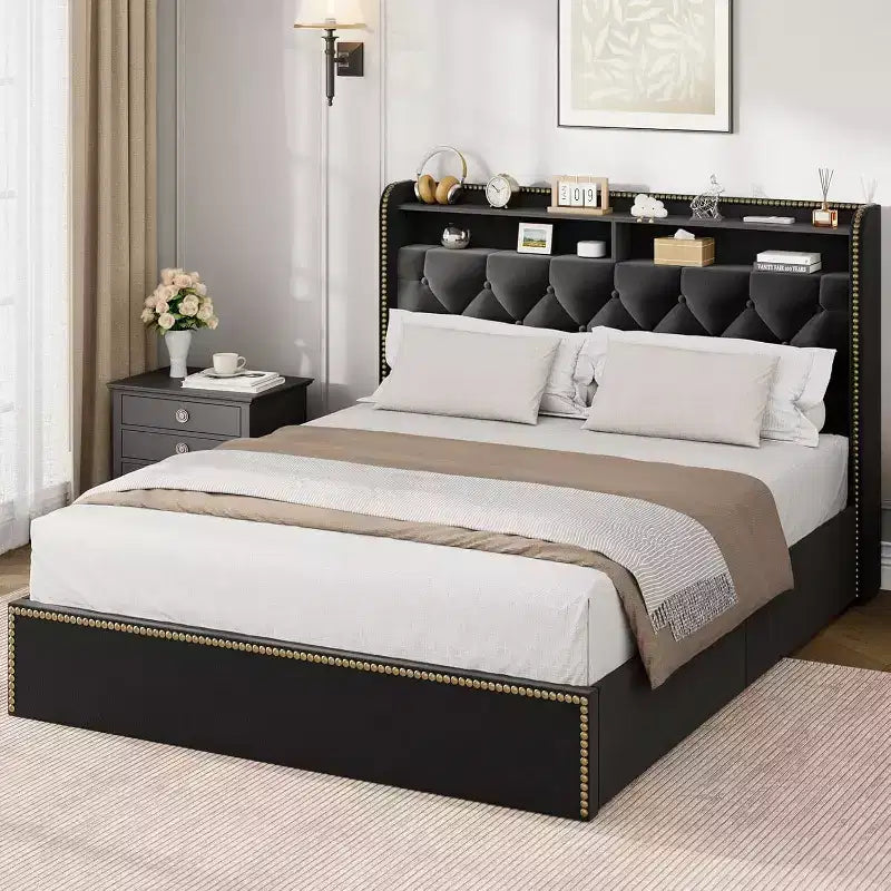 Struttura letto a piattaforma imbottita con testiera contenitore a 2 livelli e 4 cassetti, velluto nero