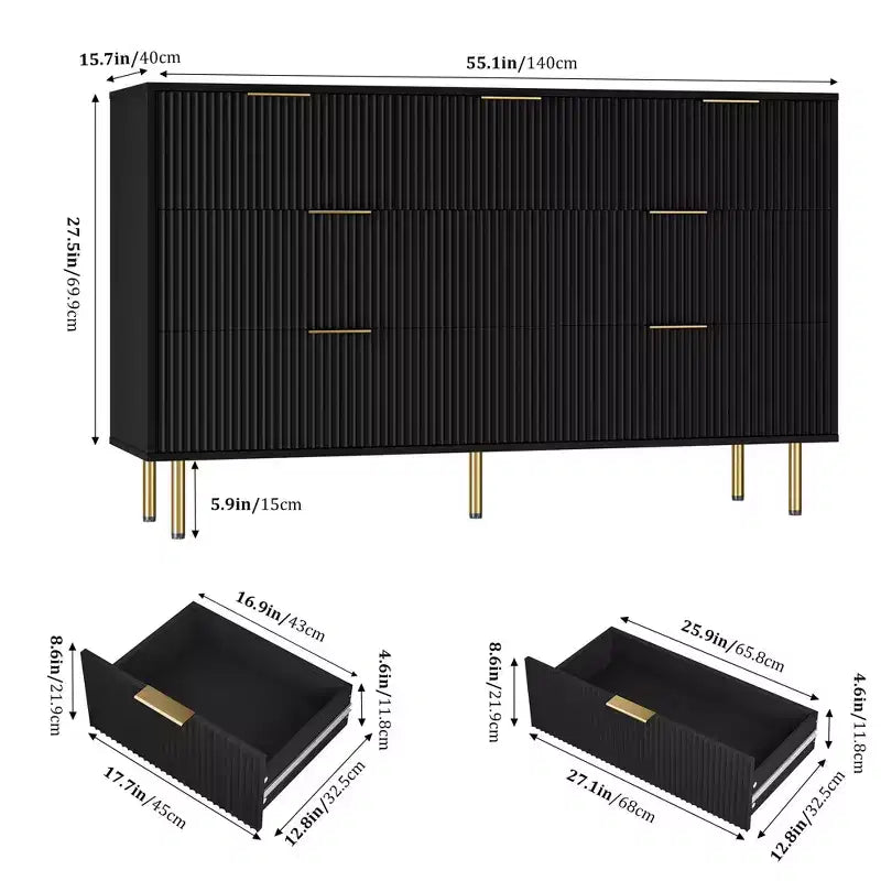 Cómoda de 7 cajones para dormitorio, organizador de almacenamiento moderno de madera con tiradores metálicos dorados y dispositivo antivuelco para pasillo y entrada