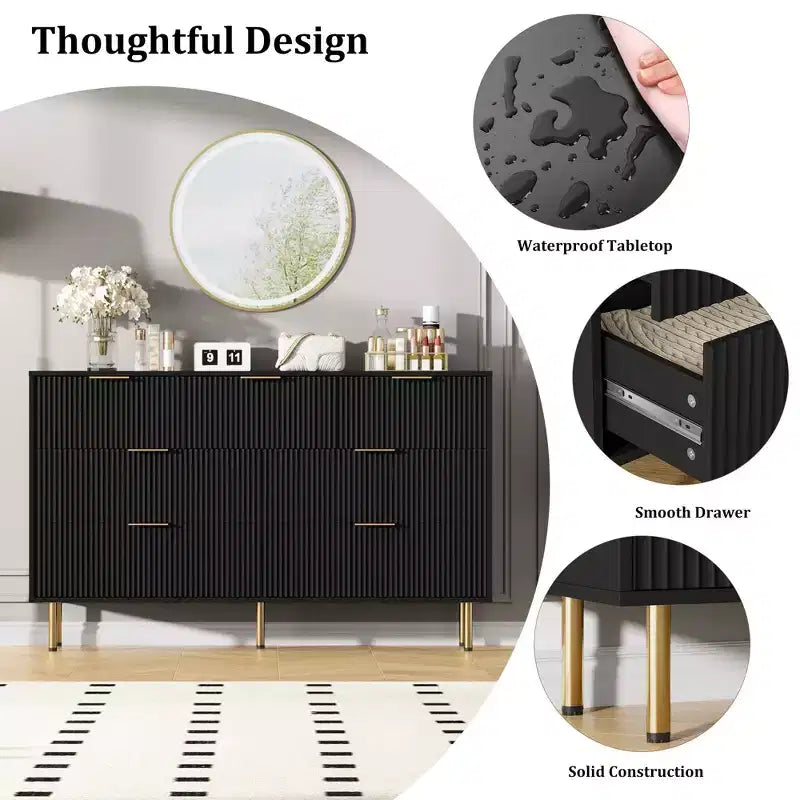 Cassettiera a 7 cassetti per camera da letto, moderno mobile contenitore in legno con maniglie in metallo dorato e dispositivo antiribaltamento per corridoio e ingresso