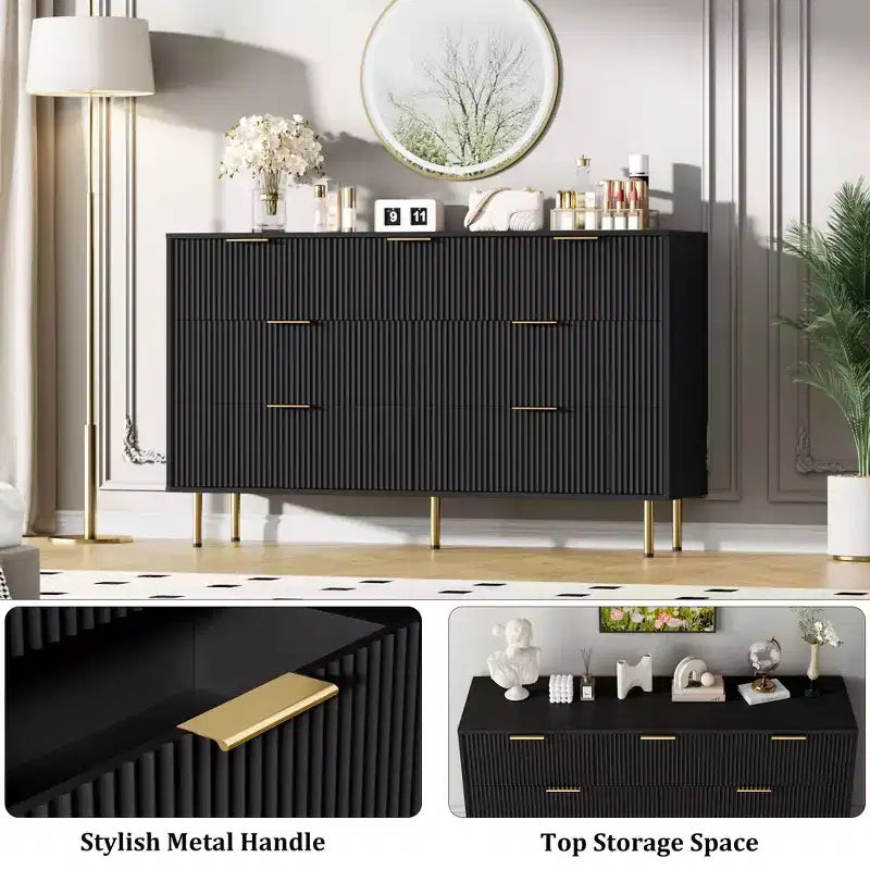 Cómoda de 7 cajones para dormitorio, organizador de almacenamiento moderno de madera con tiradores metálicos dorados y dispositivo antivuelco para pasillo y entrada