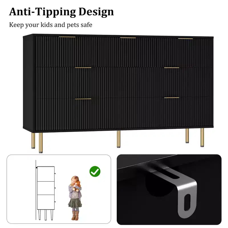 Cómoda de 7 cajones para dormitorio, organizador de almacenamiento moderno de madera con tiradores metálicos dorados y dispositivo antivuelco para pasillo y entrada