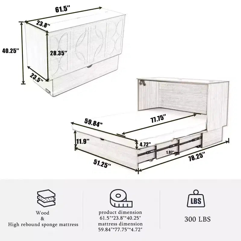Letto a scomparsa moderno in legno con cassettiera, materasso pieghevole in schiuma, stazione di ricarica e cassetti contenitori
