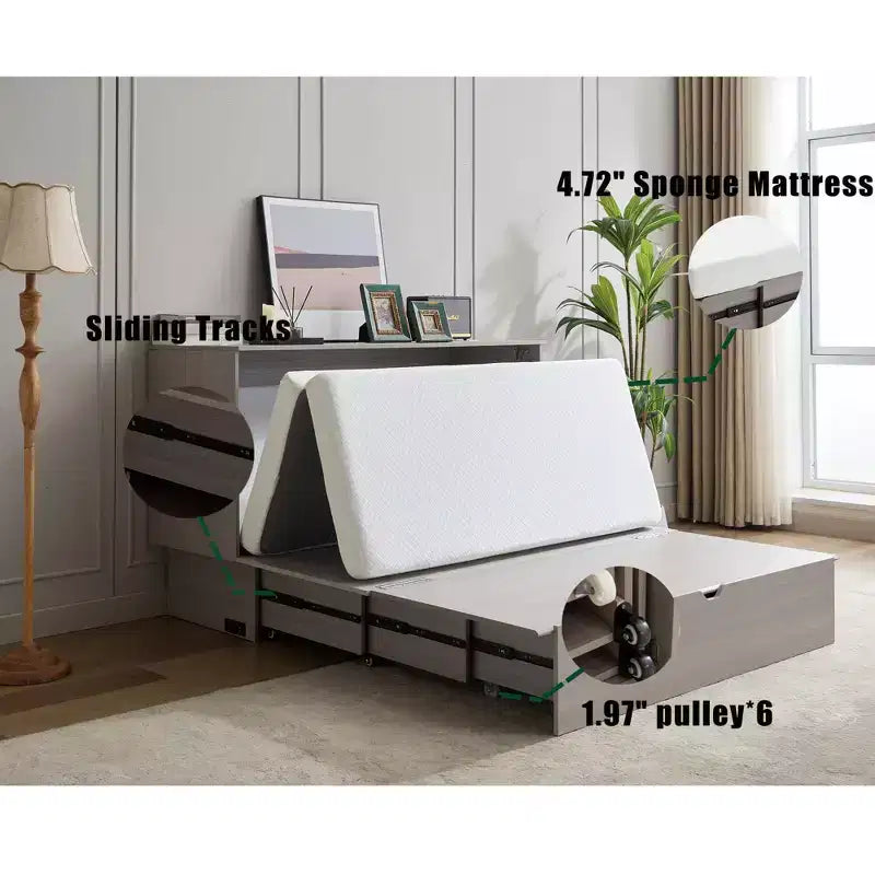 Letto a scomparsa moderno in legno con cassettiera, materasso pieghevole in schiuma, stazione di ricarica e cassetti contenitori