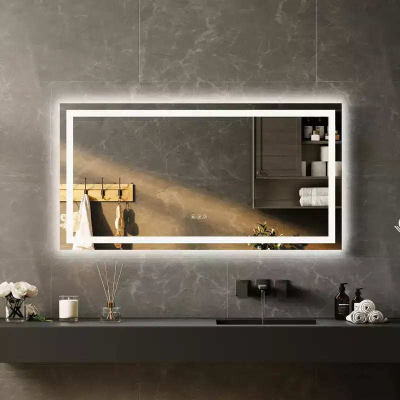Espejo de baño LED sin marco con iluminación frontal y posterior, atenuación continua, antivaho y resistente a los impactos para pared (horizontal/vertical)