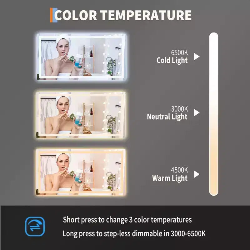 Espejo de baño LED sin marco con iluminación frontal y posterior, atenuación continua, antivaho y resistente a los impactos para pared (horizontal/vertical)