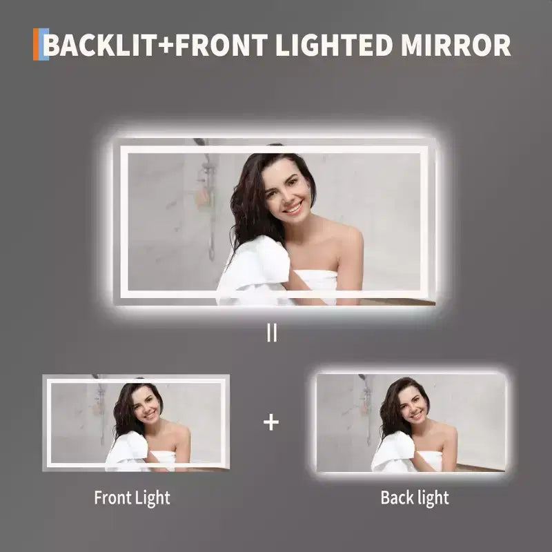 Specchio LED da bagno senza cornice con illuminazione frontale e posteriore, luminosità regolabile senza livelli, antiappannamento, infrangibile, da parete (orizzontale/verticale)