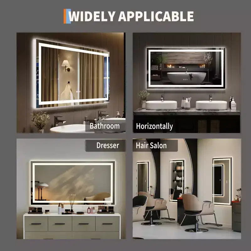 Specchio LED da bagno senza cornice con illuminazione frontale e posteriore, luminosità regolabile senza livelli, antiappannamento, infrangibile, da parete (orizzontale/verticale)