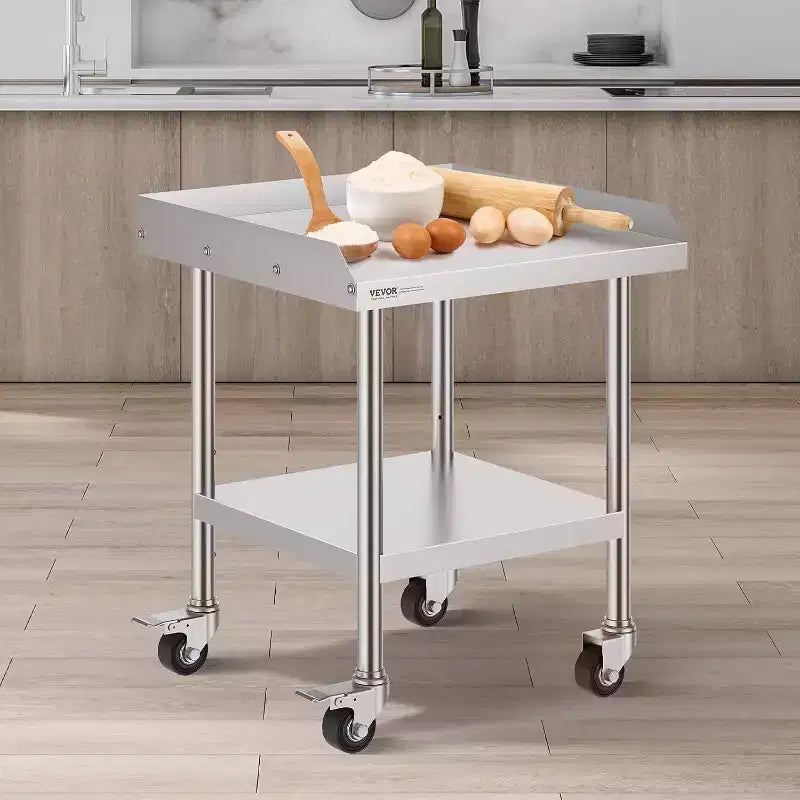 Tavolo da lavoro in acciaio inox per la preparazione professionale degli alimenti con 4 ruote, paraspruzzi su 3 lati, tavolo da lavoro in metallo resistente per ristorante, casa e hotel
