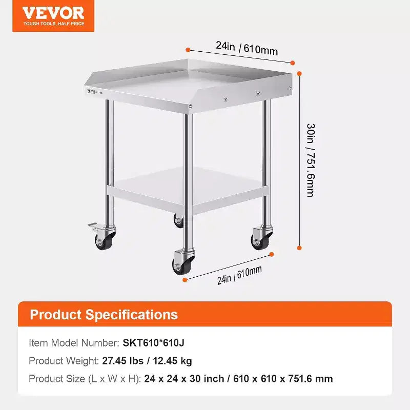 Tavolo da lavoro in acciaio inox per la preparazione professionale degli alimenti con 4 ruote, paraspruzzi su 3 lati, tavolo da lavoro in metallo resistente per ristorante, casa e hotel