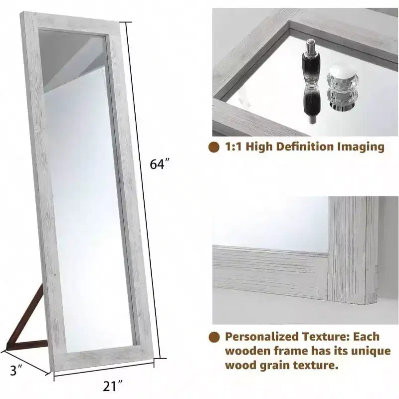 Specchio rustico a figura intera, 64x21 bianco effetto invecchiato. Cornice in legno, versatile per essere posizionato liberamente, appoggiato o appeso alla parete