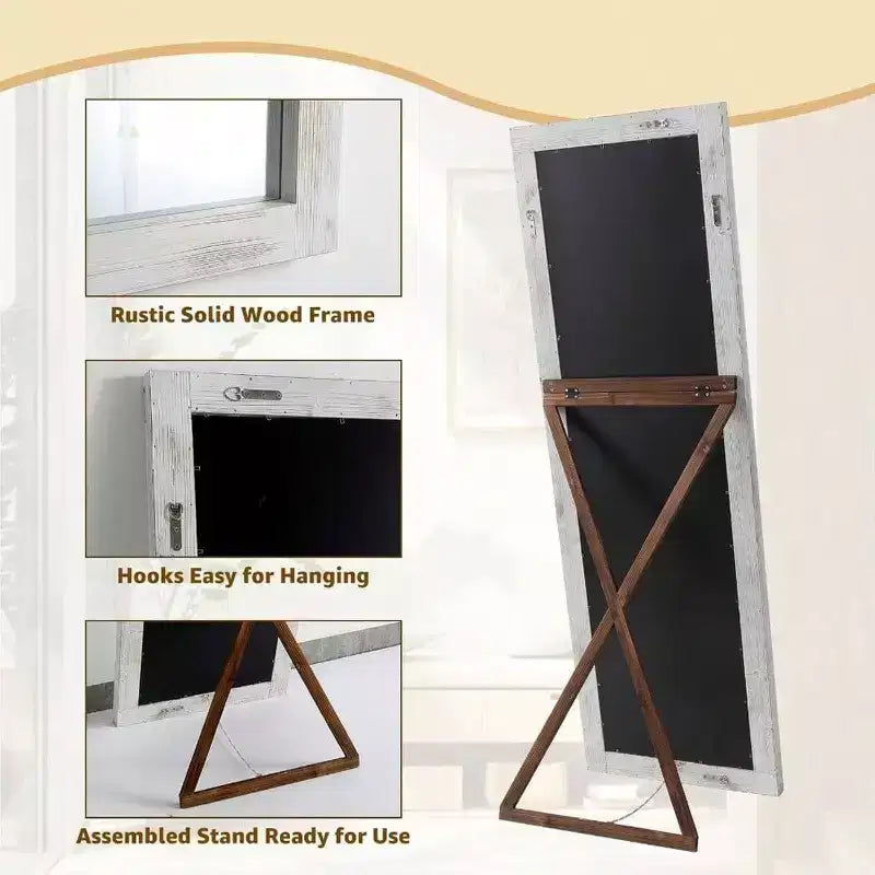 Specchio rustico a figura intera, 64x21 bianco effetto invecchiato. Cornice in legno, versatile per essere posizionato liberamente, appoggiato o appeso alla parete