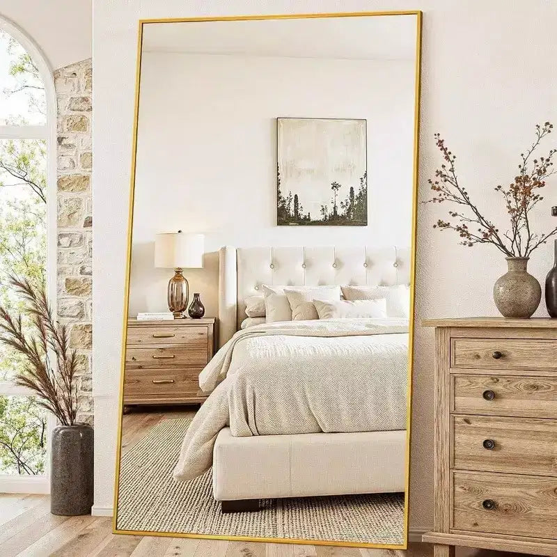 Espejo rectangular dorado de cuerpo entero de 91x46 con soporte. Espejo de suelo extragrande para usar independiente o colgado
