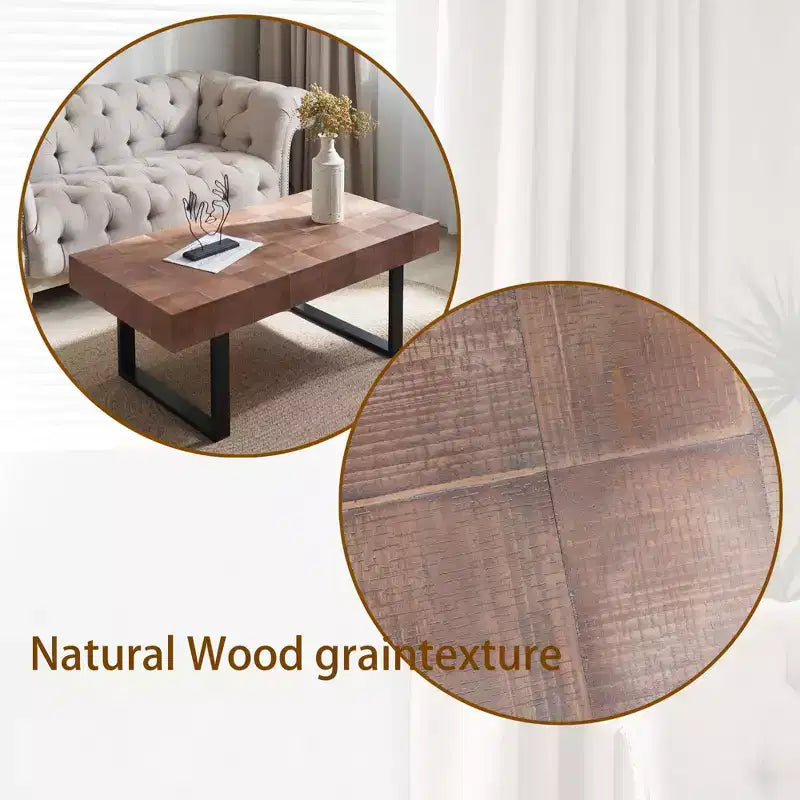 Mesa de centro rústica con patas metálicas, mesa central artesanal de 47.2 para sala de estar, mesa auxiliar con tablero de madera para la decoración del hogar, marrón/negro