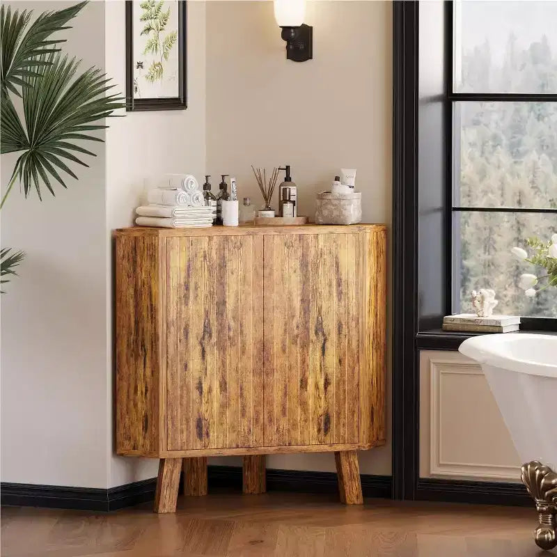 Mobiletto angolare in stile rustico a 3 ripiani con ripiano regolabile, tavolino angolare in legno con ante e tavolino terminale triangolare per soggiorno e cucina
