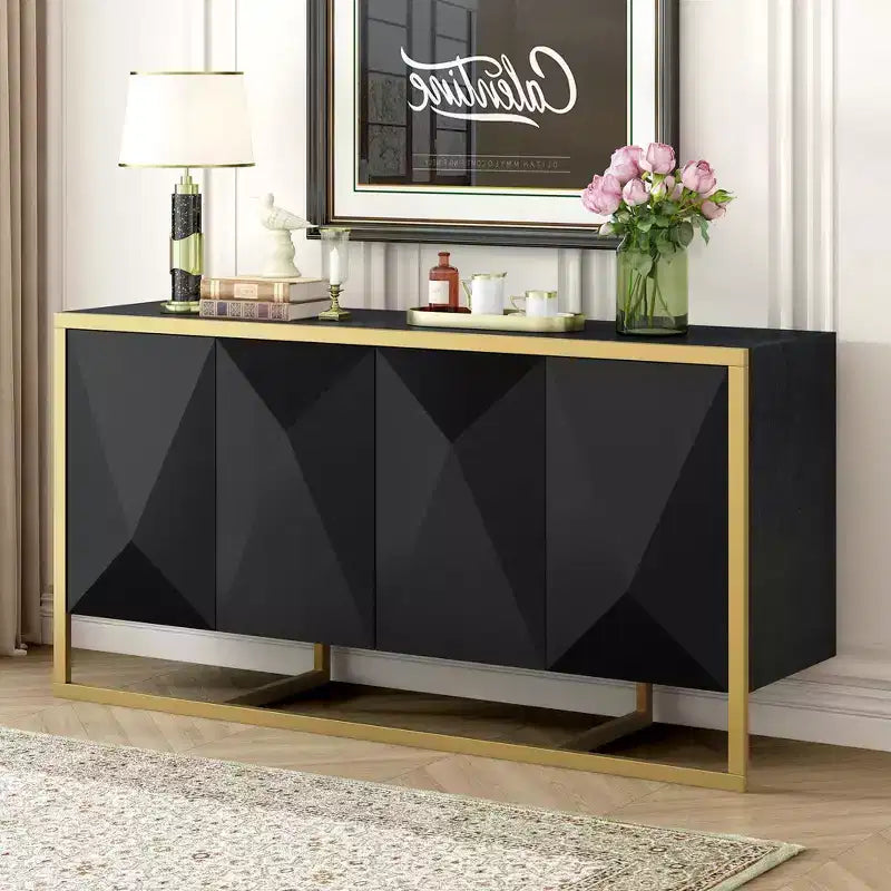 Credenza, mobile buffet da cucina in legno con angolo caffè, tavolo consolle contenitore con 4 ante e gambe in metallo uniche