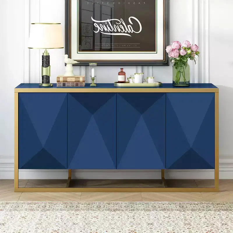 Credenza, mobile buffet da cucina in legno con angolo caffè, tavolo consolle contenitore con 4 ante e gambe in metallo uniche