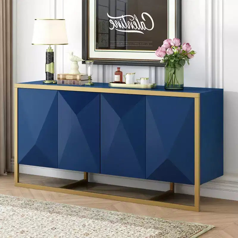 Credenza, mobile buffet da cucina in legno con angolo caffè, tavolo consolle contenitore con 4 ante e gambe in metallo uniche
