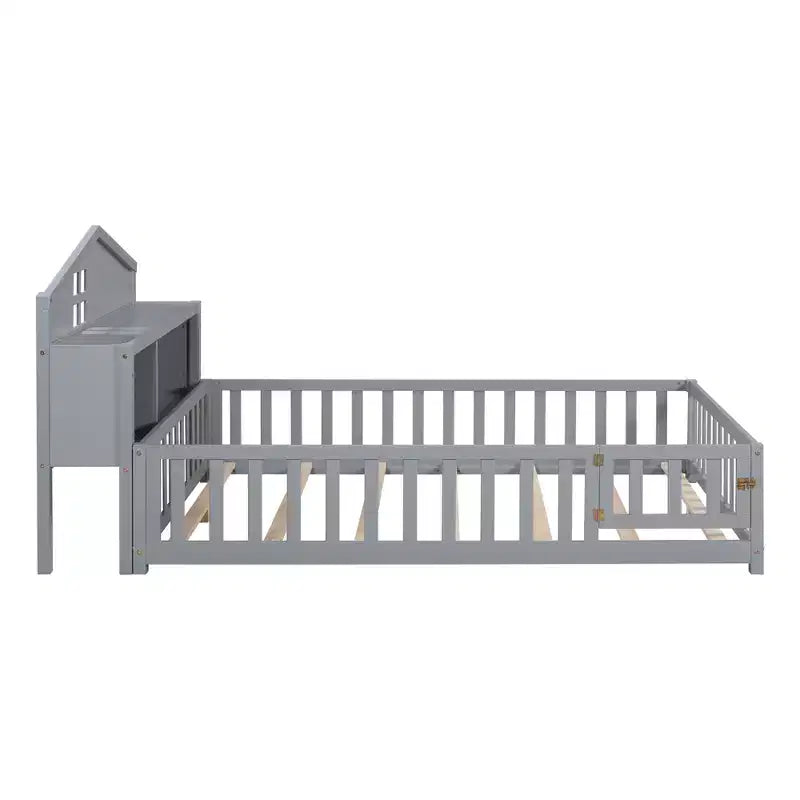 Cama Montessori baja tamaño Full con librería y pizarra, cama de plataforma de madera maciza con barandillas y cabecero con almacenamiento para niños y adolescentes