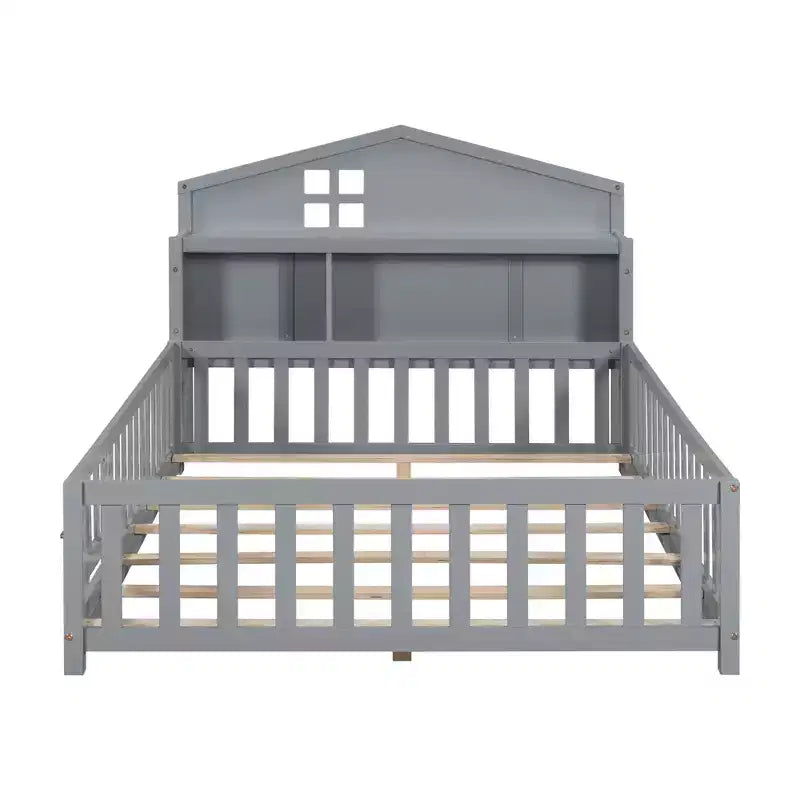 Cama Montessori baja tamaño Full con librería y pizarra, cama de plataforma de madera maciza con barandillas y cabecero con almacenamiento para niños y adolescentes