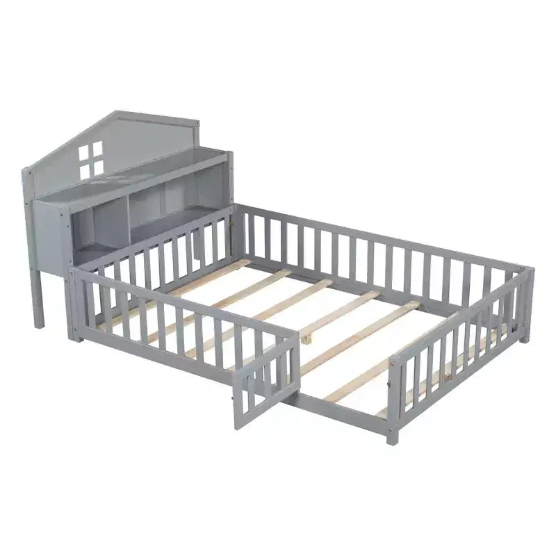 Cama Montessori baja tamaño Full con librería y pizarra, cama de plataforma de madera maciza con barandillas y cabecero con almacenamiento para niños y adolescentes