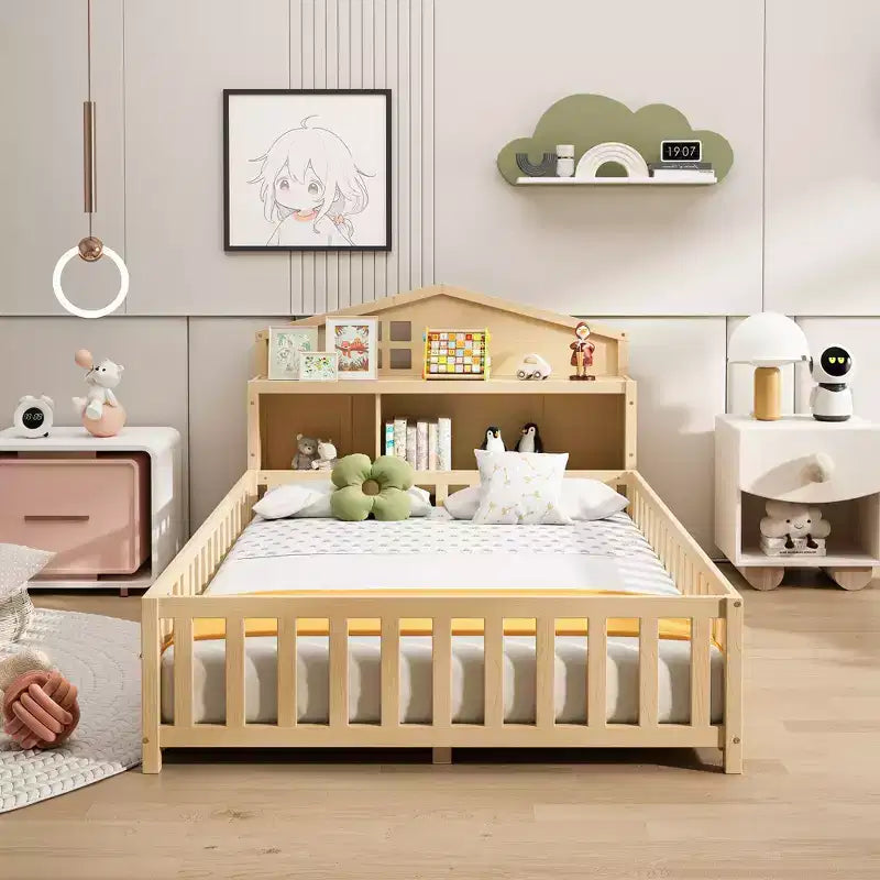 Cama Montessori baja tamaño Full con librería y pizarra, cama de plataforma de madera maciza con barandillas y cabecero con almacenamiento para niños y adolescentes