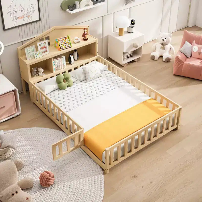 Cama Montessori baja tamaño Full con librería y pizarra, cama de plataforma de madera maciza con barandillas y cabecero con almacenamiento para niños y adolescentes