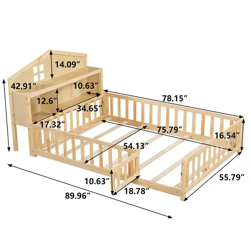Cama Montessori baja tamaño Full con librería y pizarra, cama de plataforma de madera maciza con barandillas y cabecero con almacenamiento para niños y adolescentes