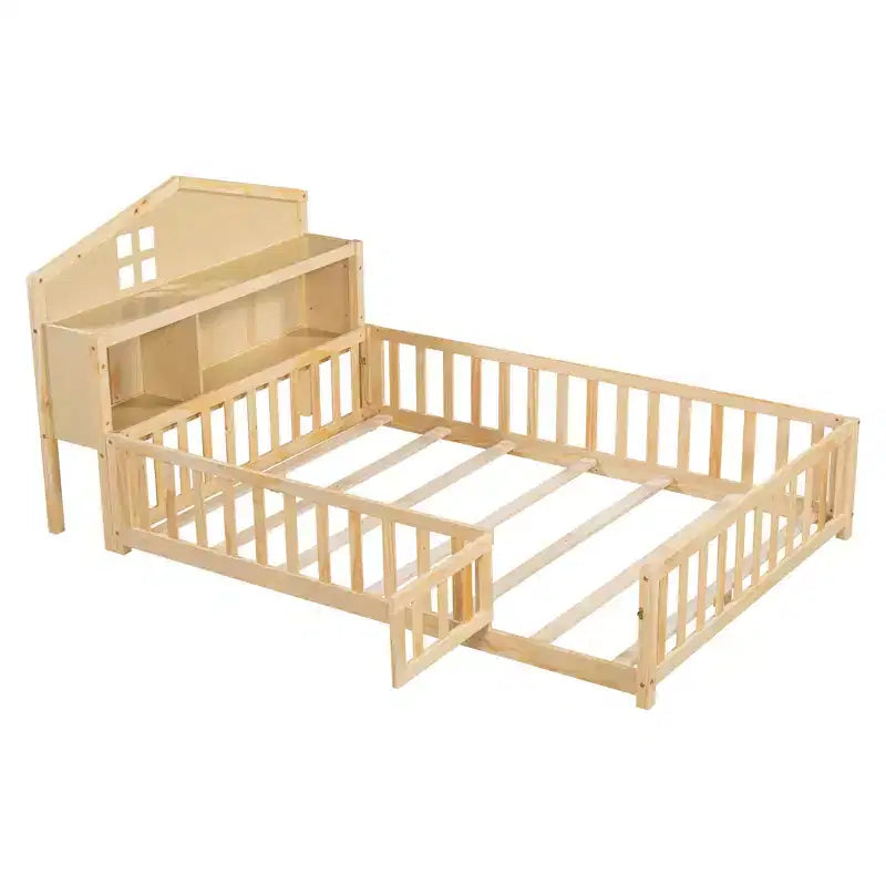 Cama Montessori baja tamaño Full con librería y pizarra, cama de plataforma de madera maciza con barandillas y cabecero con almacenamiento para niños y adolescentes