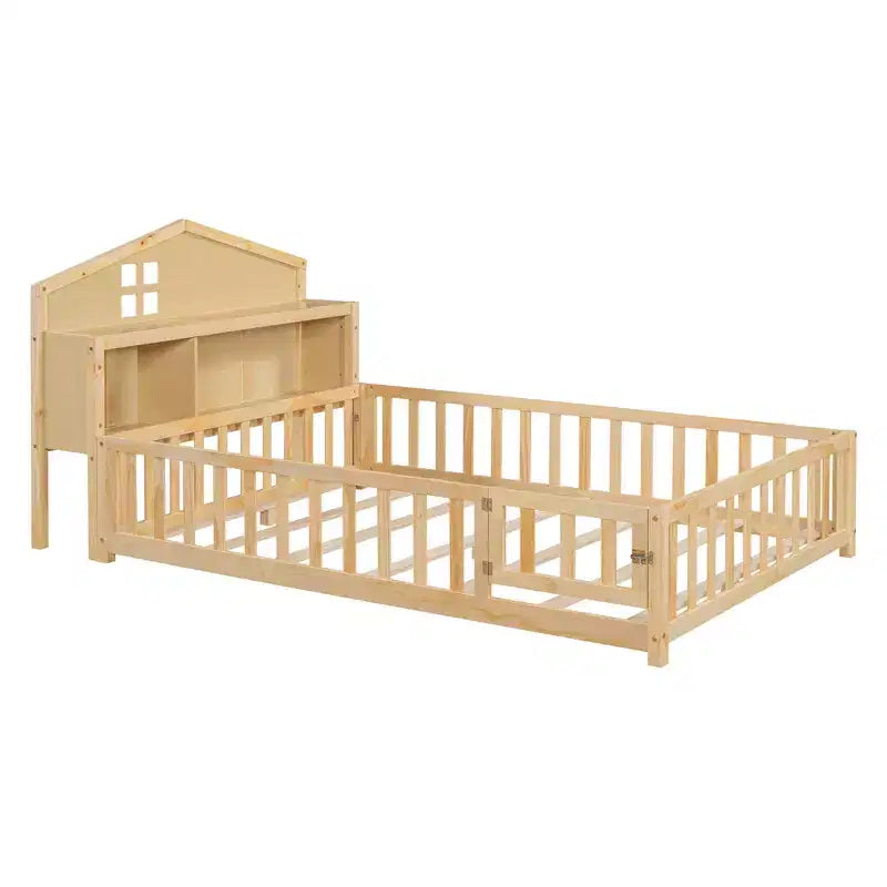 Cama Montessori baja tamaño Full con librería y pizarra, cama de plataforma de madera maciza con barandillas y cabecero con almacenamiento para niños y adolescentes
