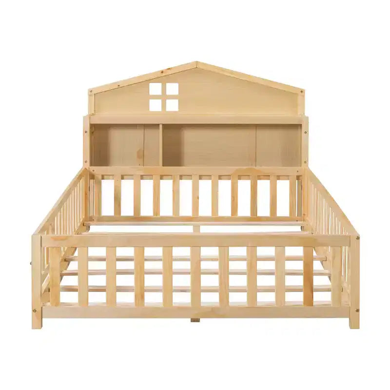 Cama Montessori baja tamaño Full con librería y pizarra, cama de plataforma de madera maciza con barandillas y cabecero con almacenamiento para niños y adolescentes
