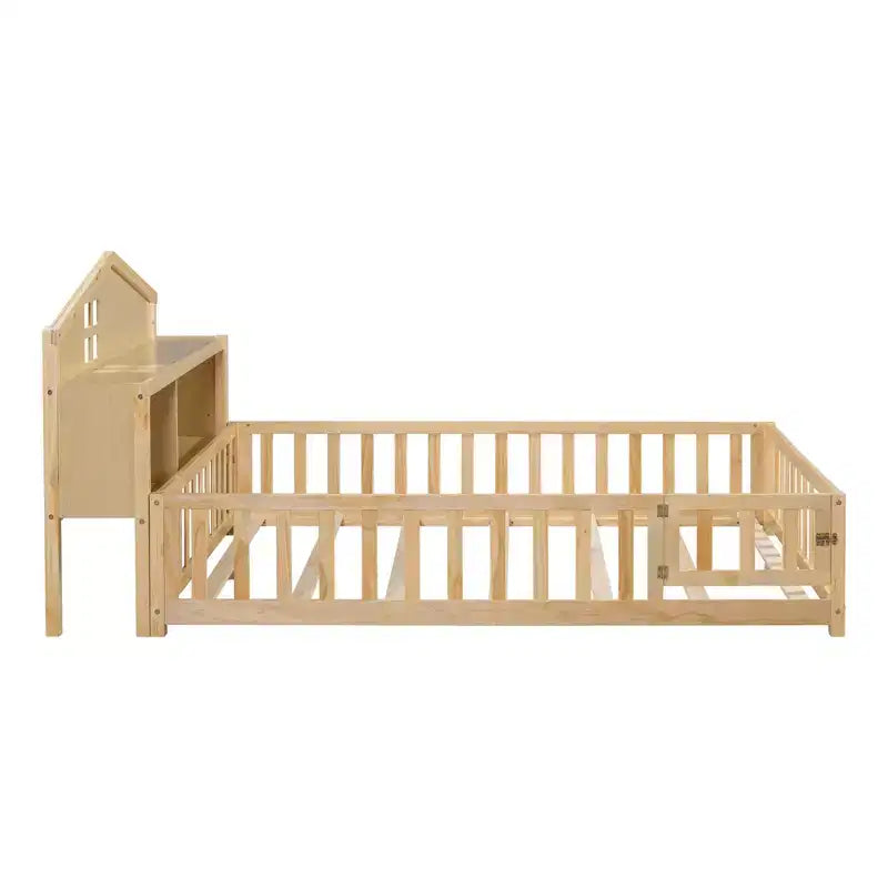 Cama Montessori baja tamaño Full con librería y pizarra, cama de plataforma de madera maciza con barandillas y cabecero con almacenamiento para niños y adolescentes