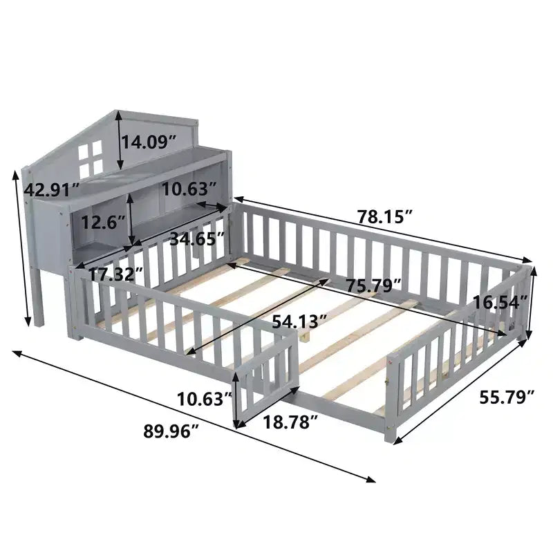 Cama Montessori baja tamaño Full con librería y pizarra, cama de plataforma de madera maciza con barandillas y cabecero con almacenamiento para niños y adolescentes