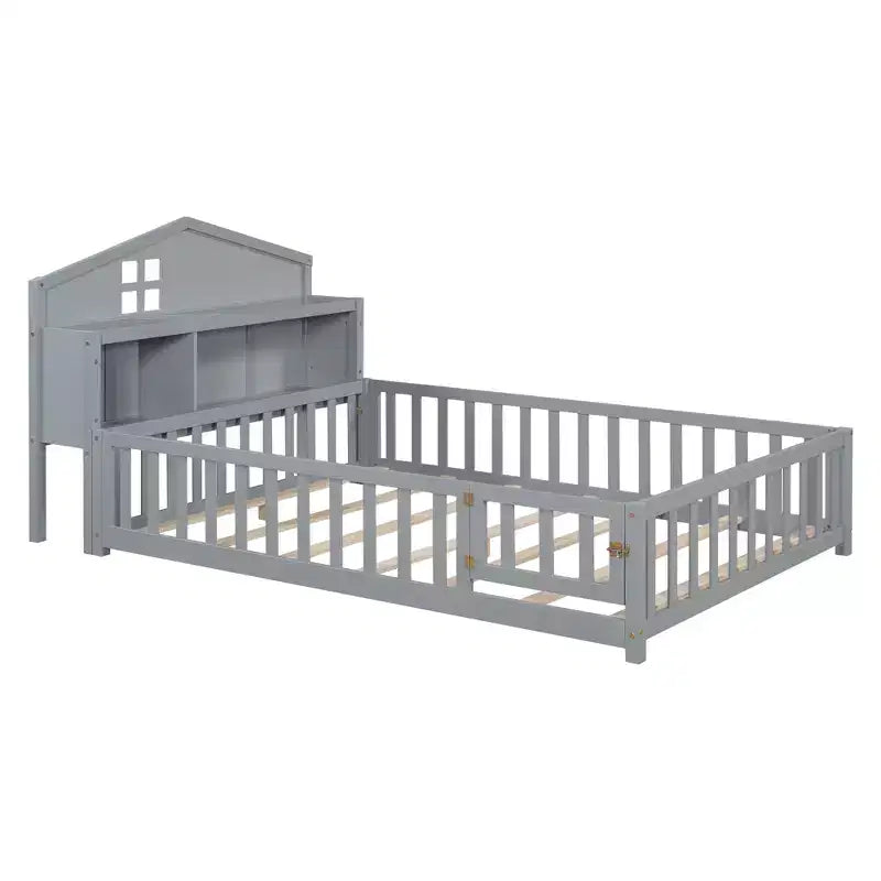 Cama Montessori baja tamaño Full con librería y pizarra, cama de plataforma de madera maciza con barandillas y cabecero con almacenamiento para niños y adolescentes