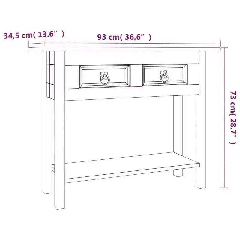 Tavolo consolle marrone in legno massello di pino cerato, 36.6 x 13.6 x 28.7 in
