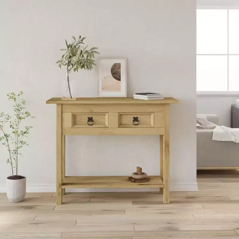Tavolo consolle marrone in legno massello di pino cerato, 36.6 x 13.6 x 28.7 in