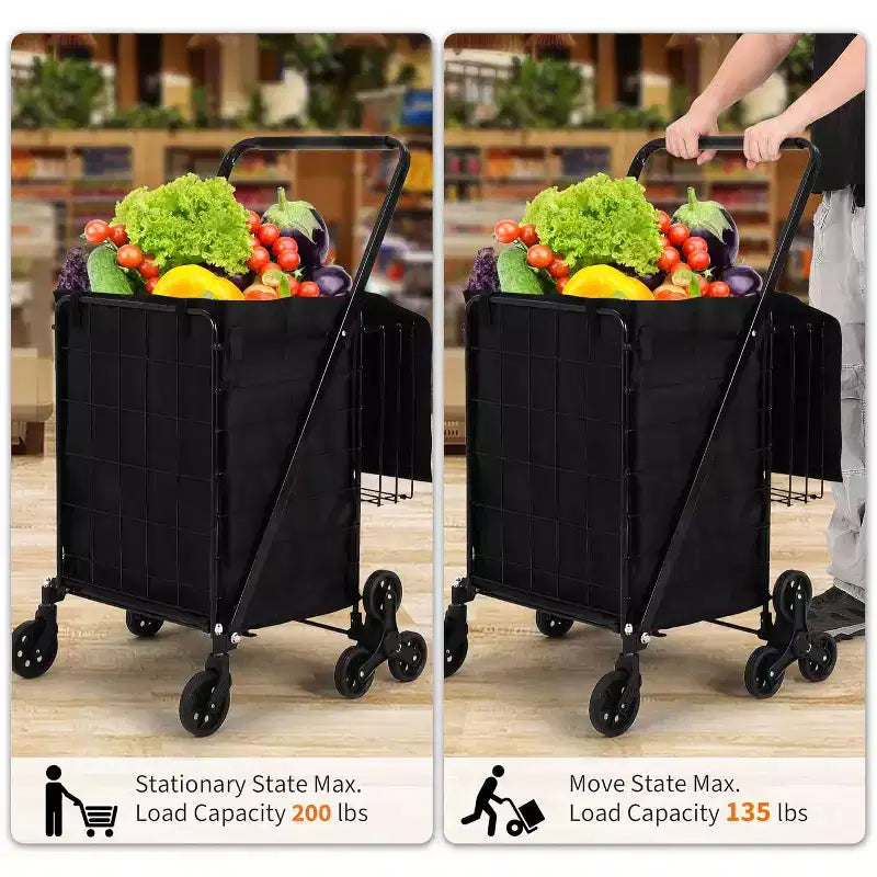 Carrello per la spesa saliscale con rivestimento impermeabile, carrello multiuso pieghevole con tri-ruote posteriori, ruote girevoli a 360 gradi, carrello portatile pieghevole per la spesa